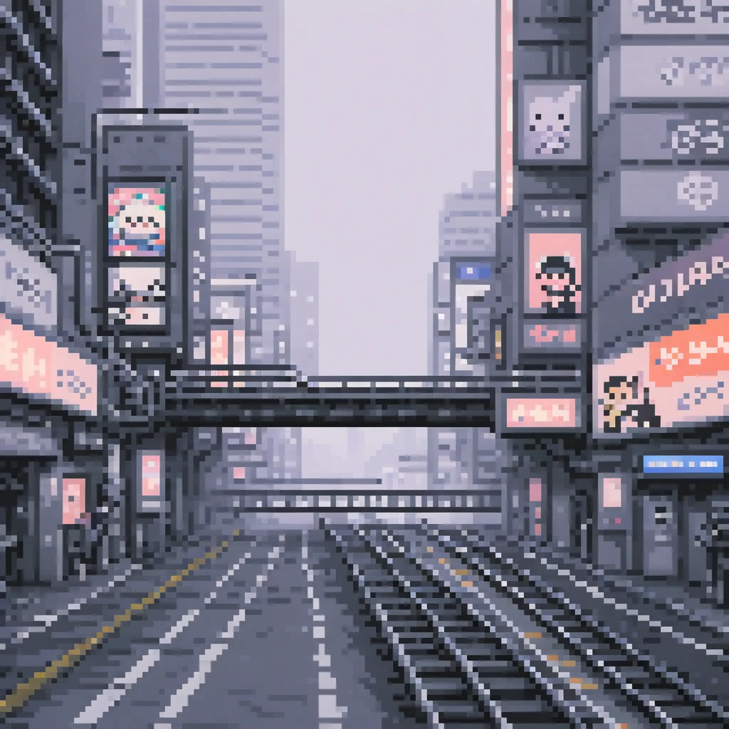 Pixel art, 64 bits, sheet de um viaduto vazio em shinjuku