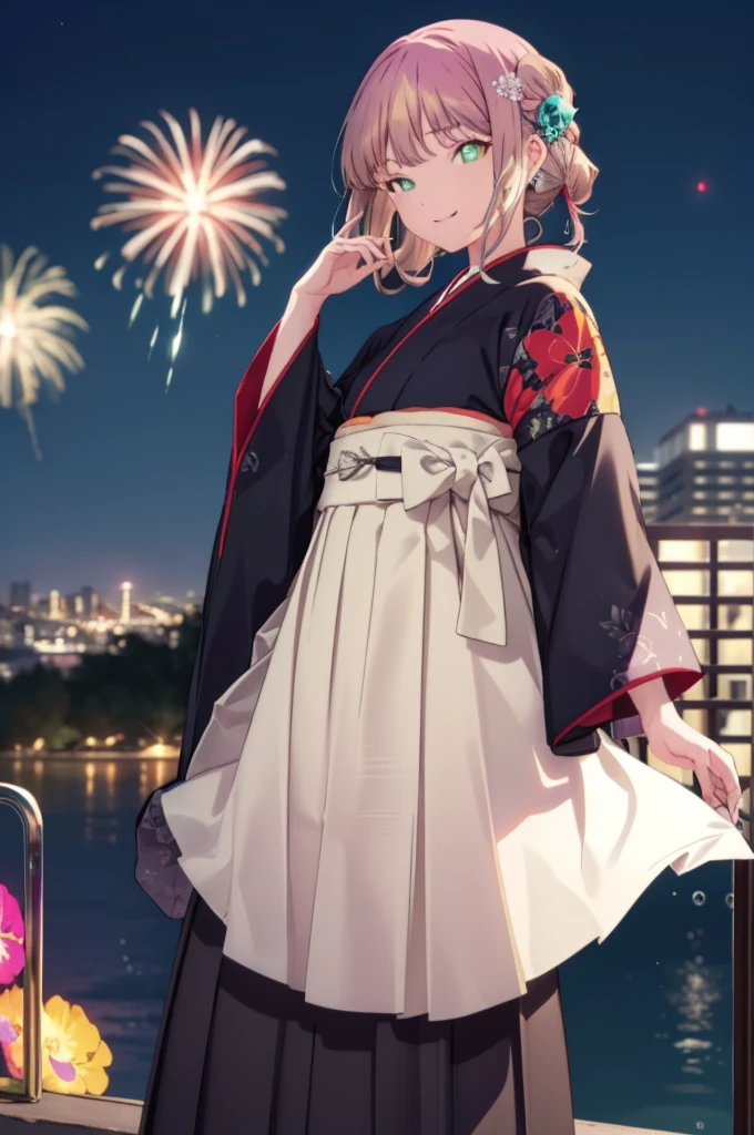 Yume Minami,sss dynazenon ,Brown Hair,Green Eyes,hair tied back,Flower hair ornament,Black Japanese Clothing,Thick sleeves,Long skirt,Sandals,whole bodyがイラストに入るように,smile,Fireworks in the night sky,Fireworks,The place is a fireworks display、Time is night,break outdoors, Festival,break looking at viewer, whole body,(Cowboy Shot:1. 5) , break (masterpiece:1.2), Highest quality, High resolution, unity 8k wallpaper, (shape:0.8), (Beautiful and beautiful eyes:1.6), Highly detailed face, Perfect lighting, Extremely detailed CG, (Perfect hands, Perfect Anatomy),