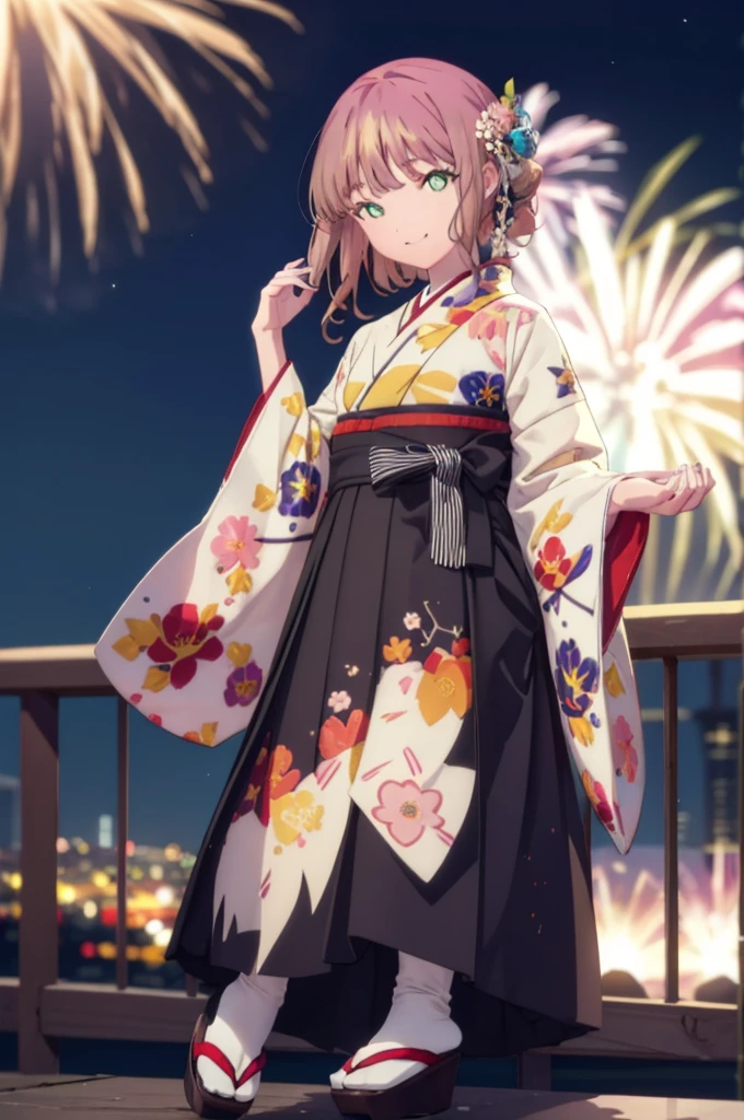 Yume Minami,sss dynazenon ,Brown Hair,Green Eyes,hair tied back,Flower hair ornament,Black Japanese Clothing,Thick sleeves,Long skirt,Sandals,whole bodyがイラストに入るように,smile,Fireworks in the night sky,Fireworks,The place is a fireworks display、Time is night,break outdoors, Festival,break looking at viewer, whole body,(Cowboy Shot:1. 5) , break (masterpiece:1.2), Highest quality, High resolution, unity 8k wallpaper, (shape:0.8), (Beautiful and beautiful eyes:1.6), Highly detailed face, Perfect lighting, Extremely detailed CG, (Perfect hands, Perfect Anatomy),