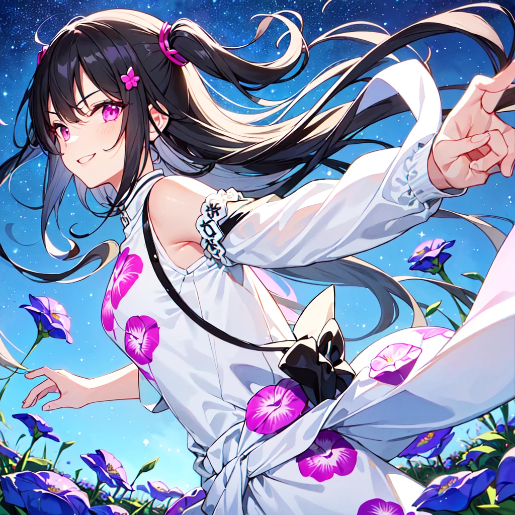 MASTERPIECE, best quality, high quality, extremely detailed, very delicate and beautiful, (1female 18 years old solo: 1.2), (long black hair two-side up to waist: 1.4), fringes to eyebrows, eyes Sharp eyes, strong glossy glossy eyes, glossy eyebrows, (eye colour magenta: 1.3), 6.5 head height, (periwinkle flower print fashion: 1.3), periwinkle hair ornament, knee socks, frills, lace, (smiling), (running), (running), (dynamic pose), (background periwinkle colourful flower field: 1.3),(starry sky: 1.3)., (upper body:1.3)