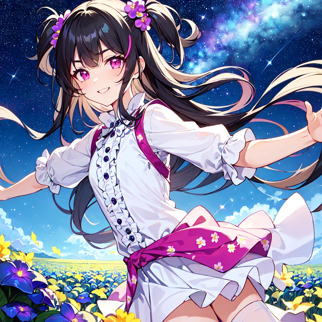MASTERPIECE, best quality, high quality, extremely detailed, very delicate and beautiful, (1female 18 years old solo: 1.2), (long black hair two-side up to waist: 1.4), fringes to eyebrows, eyes Sharp eyes, strong glossy glossy eyes, glossy eyebrows, (eye colour magenta: 1.3), 6.5 head height, (periwinkle flower print fashion: 1.3), periwinkle hair ornament, knee socks, frills, lace, (smiling), (running), (running), (dynamic pose), (background periwinkle colourful flower field: 1.3),(starry sky: 1.3)., (upper body:1.3)