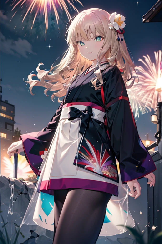 Yume Minami,sss dynazenon ,Brown Hair,Green Eyes,hair tied back,Flower hair ornament,Black Japanese Clothing,Thick sleeves,Sandals,whole bodyがイラストに入るように,smile,Fireworks in the night sky,Fireworks,The place is a fireworks display、Time is night,break outdoors, Festival,break looking at viewer, whole body,(Cowboy Shot:1. 5) , break (masterpiece:1.2), Highest quality, High resolution, unity 8k wallpaper, (shape:0.8), (Beautiful and beautiful eyes:1.6), Highly detailed face, Perfect lighting, Extremely detailed CG, (Perfect hands, Perfect Anatomy),