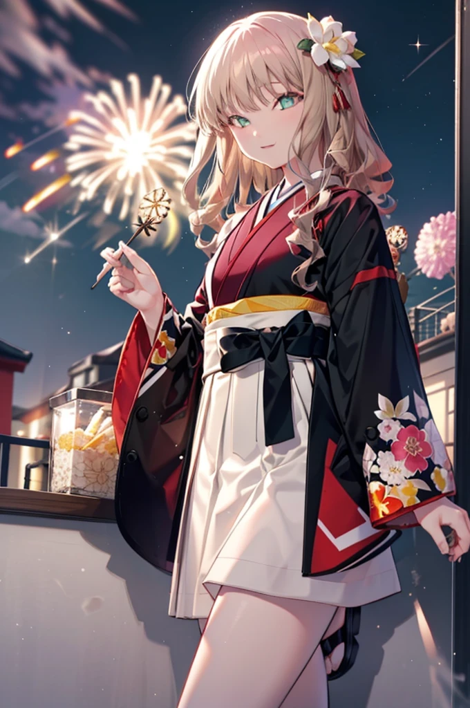 Yume Minami,sss dynazenon ,Brown Hair,Green Eyes,hair tied back,Flower hair ornament,Black Japanese Clothing,Thick sleeves,Sandals,whole bodyがイラストに入るように,smile,Fireworks in the night sky,Fireworks,The place is a fireworks display、Time is night,break outdoors, Festival,break looking at viewer, whole body,(Cowboy Shot:1. 5) , break (masterpiece:1.2), Highest quality, High resolution, unity 8k wallpaper, (shape:0.8), (Beautiful and beautiful eyes:1.6), Highly detailed face, Perfect lighting, Extremely detailed CG, (Perfect hands, Perfect Anatomy),