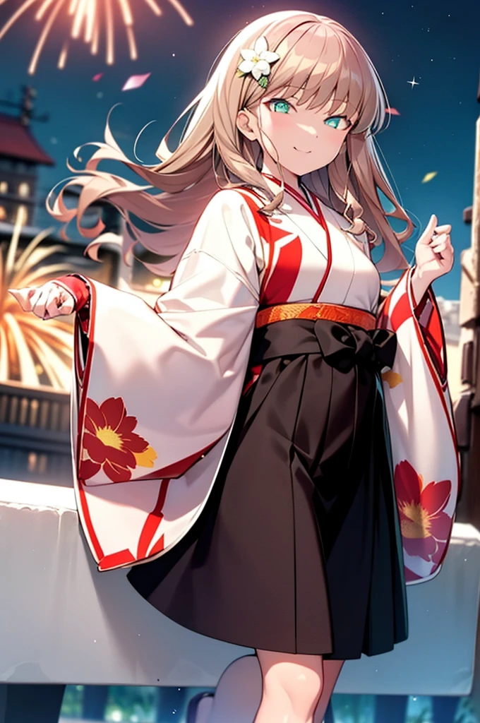 Yume Minami,sss dynazenon ,Brown Hair,Green Eyes,hair tied back,Flower hair ornament,Black Japanese Clothing,Thick sleeves,Sandals,whole bodyがイラストに入るように,smile,Fireworks in the night sky,Fireworks,The place is a fireworks display、Time is night,break outdoors, Festival,break looking at viewer, whole body,(Cowboy Shot:1. 5) , break (masterpiece:1.2), Highest quality, High resolution, unity 8k wallpaper, (shape:0.8), (Beautiful and beautiful eyes:1.6), Highly detailed face, Perfect lighting, Extremely detailed CG, (Perfect hands, Perfect Anatomy),