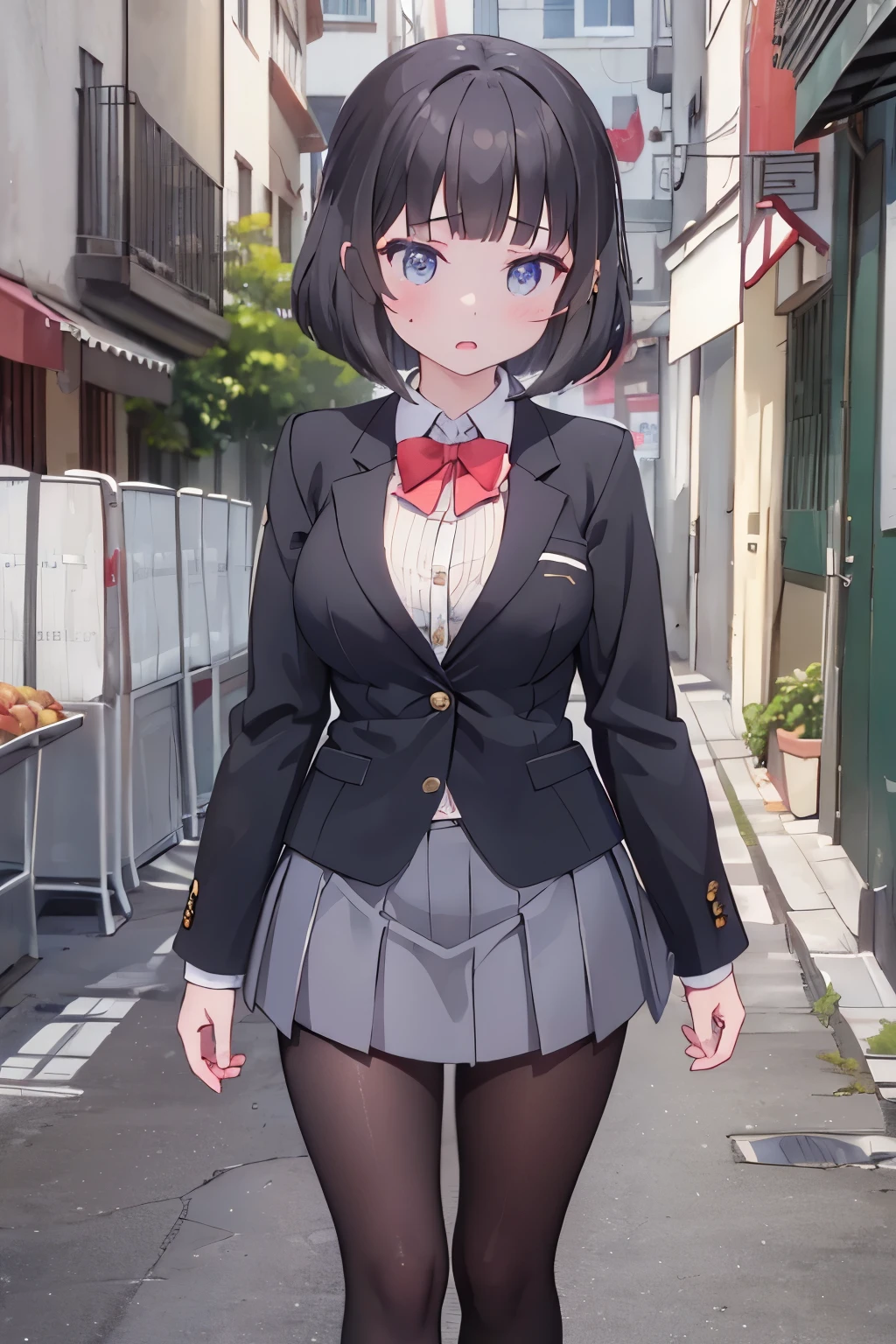 (8K、Highest quality、highest quality、masterpiece)、Detailed face、One girl、((***はガラスに胸を押し付ける1.4))、、short hair、、blunt bangs、Grey Eyes、、、((Blazer jacket uniform))、((Pleated skirt))、((No panties))、((bent over))、Back Alley Background、Very large breasts、Nipples are visible、、Black Pantyhose、Milk dripping from nippleilk spurting from the nipple、、Open your mouth、Troubled face、Love juice from the genitals、Full body portrait、Walking around the city、One man、Hearts in the eyes、Sex with a man