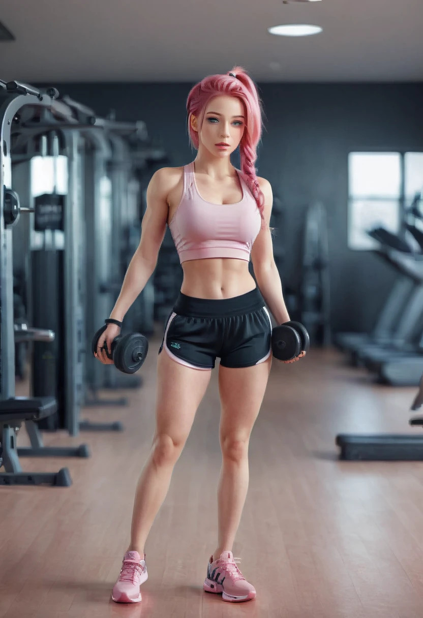 a beautiful girl in gym, full body, pink hair,uhd,photorealistic