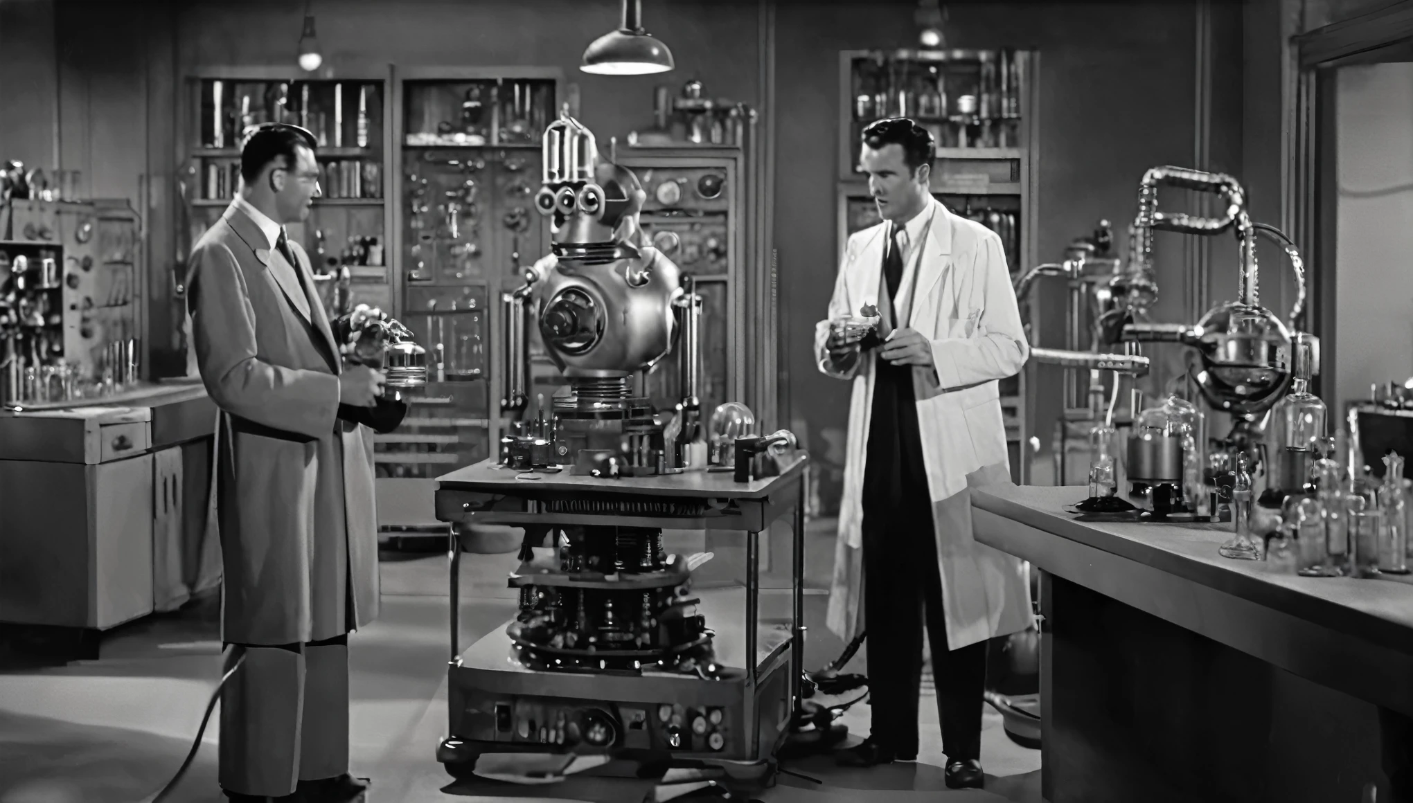 1940s black and white movie scene, classic scifi laboratory, mad scientist and retro robot assistant
