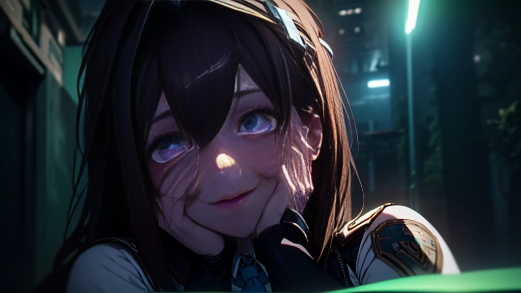 ((Best quality)), ((masterpiece)), (detailed:1.4), 3D, an image of a beautiful cyberpunk female, Yandere , Yandere Face , Trance , Trance Eyes , yameroyandere , constricted pupils , yandere , empty eyes . shaded face , crazy eyes , glowing brown eyes , crazy smile , Marian , tied hair, long brown hair , White Military Uniform , Brown Eyes, Blue Barret, Blue Necktie ,Blue Ribbon , White undercloth, large breasts, HDR (High Dynamic Range),Ray Tracing,NVIDIA RTX,Super-Resolution,Unreal 5,Subsurface scattering,PBR Texturing,Post-processing,Anisotropic Filtering,Depth-of-field,Maximum clarity and sharpness,Multi-layered textures,Albedo and Specular maps,Surface shading,Accurate simulation of light-material interaction,Perfect proportions,Octane Render,Two-tone lighting,Wide aperture,Low ISO,White balance,Rule of thirds,8K RAW,