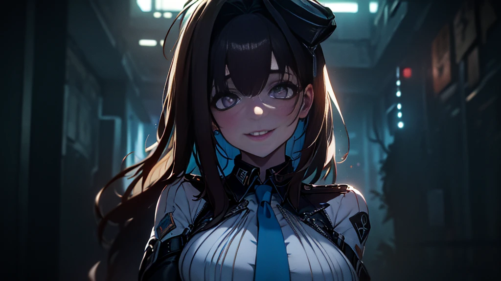 ((Best quality)), ((masterpiece)), (detailed:1.4), 3D, an image of a beautiful cyberpunk female, Yandere , Yandere Face , Trance , Trance Eyes , yameroyandere , constricted pupils , yandere , empty eyes . shaded face , crazy eyes , glowing brown eyes , crazy smile , Marian , tied hair, long brown hair , White Military Uniform , Brown Eyes, Blue Barret, Blue Necktie ,Blue Ribbon , White undercloth, large breasts, HDR (High Dynamic Range),Ray Tracing,NVIDIA RTX,Super-Resolution,Unreal 5,Subsurface scattering,PBR Texturing,Post-processing,Anisotropic Filtering,Depth-of-field,Maximum clarity and sharpness,Multi-layered textures,Albedo and Specular maps,Surface shading,Accurate simulation of light-material interaction,Perfect proportions,Octane Render,Two-tone lighting,Wide aperture,Low ISO,White balance,Rule of thirds,8K RAW,