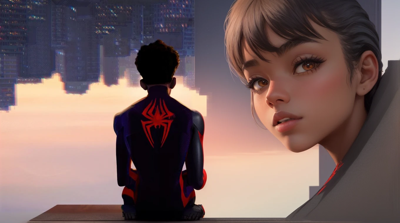 Create an image with the character Miles Morales sitting on a ledge, looking at a city. The city on the left side should be mirrored inverted on the right side, so that the city is seen upside down. The transition between both sides of the city should be smooth and natural, maintaining original quality and details. The image should convey a feeling of balance and symmetry, with Miles Morales focused on composition.
