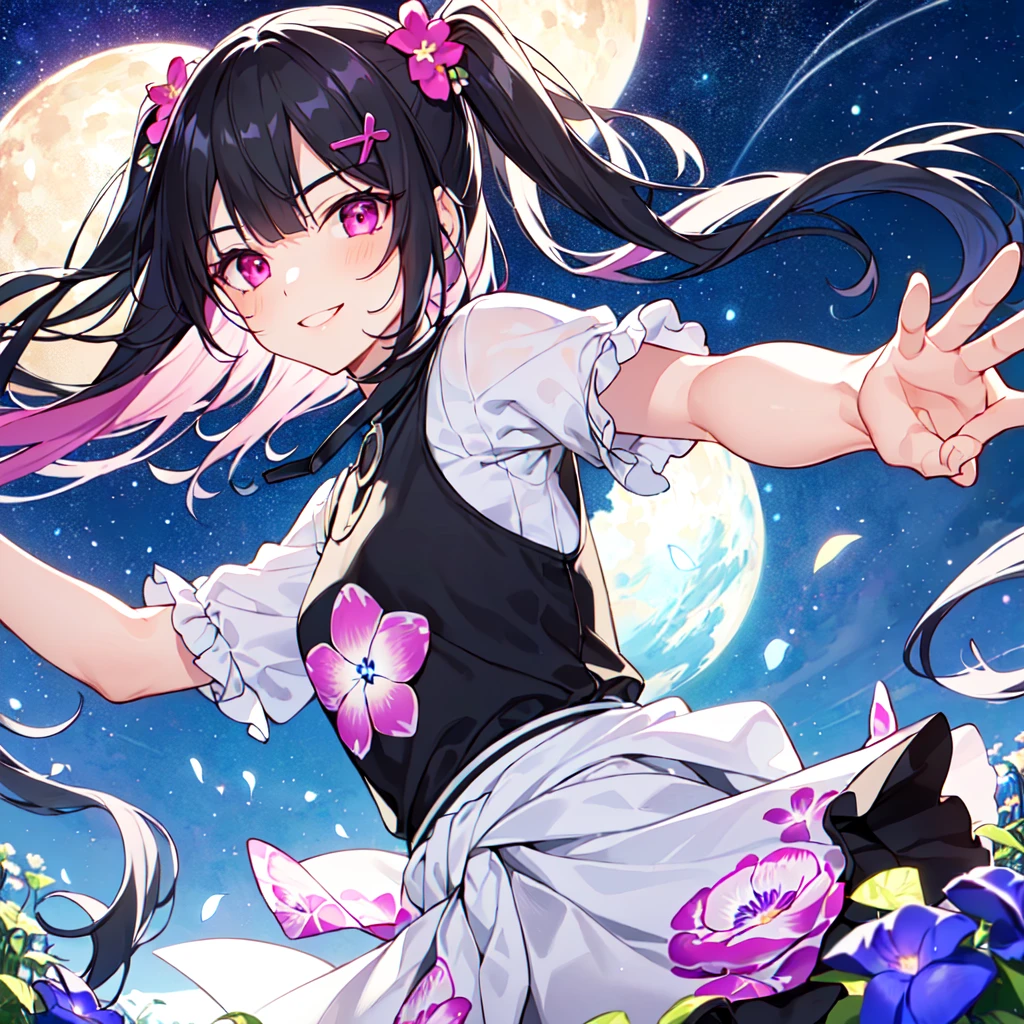 MASTERPIECE, best quality, high quality, extremely detailed, very delicate and beautiful, (1female 18 years old solo: 1.2), (long black hair two-side up to waist: 1.4), fringes to eyebrows, eyes Sharp eyes, strong glossy glossy eyes, glossy eyebrows, (eye colour magenta: 1.3), 6.5 head height, (periwinkle flower print fashion: 1.3), periwinkle hair ornament, knee socks, frills, lace, (smiling), (running), (running), (dynamic pose), (background periwinkle colourful flower field: 1.3),(starry sky: 1.3)., (upper body:1.3)