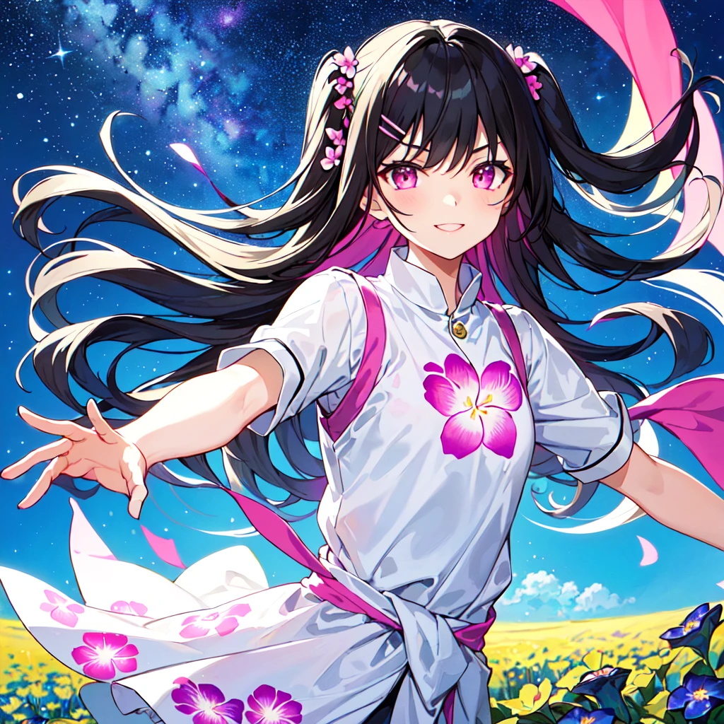 masterpiece, best quality, high quality, extremely detailed, very delicate and beautiful, (1 female 18 years old solo:1.2), (long black hair up to waist with two side up:1.4), bangs to eyebrows, eyes (eyes sharp, strong glossy glossy eyes, eyebrows glossy, (eye color magenta:1.3), 6.5 head height, (southern star flower and star summer print fashion:1.3), knee socks, ruffles, lace, (smiling), (running), (dynamic pose), (background southern star flower field: 1.3),(starry sky: 1.3), (upper body:1.3)