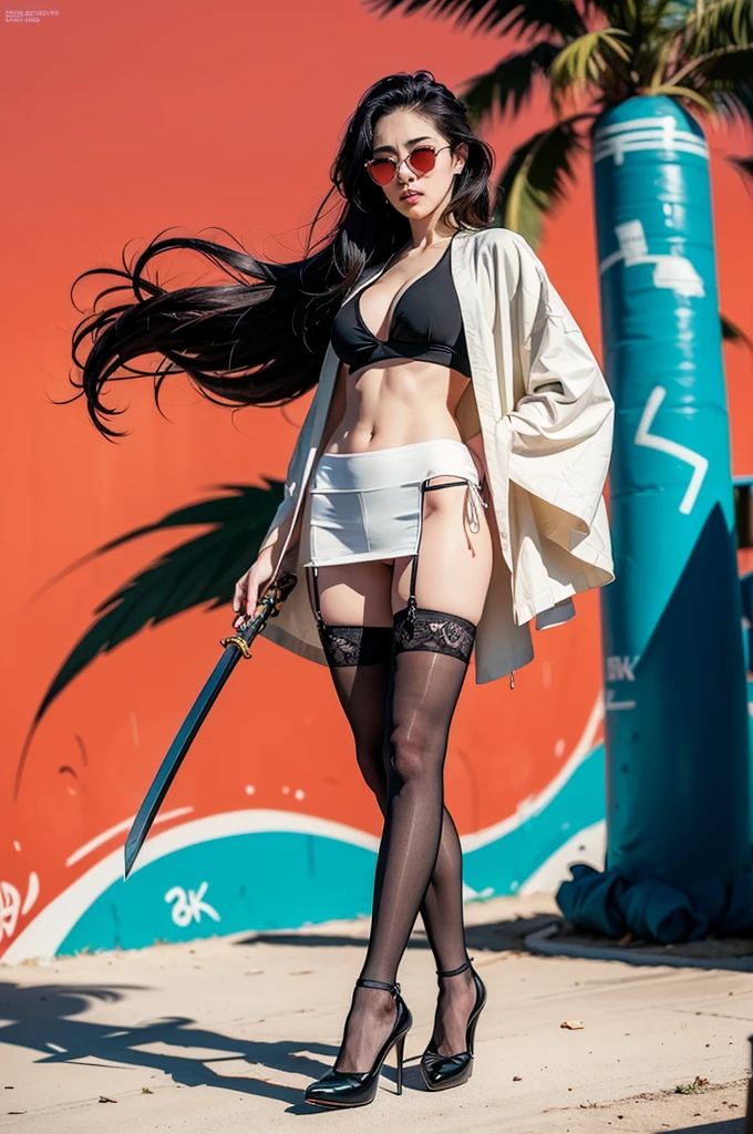 ((Art style by Patrick Nagel)), ((8k, wallpaper, detailed)), dark sunglasses, korean popstar, short kimono fashion, thighhighs, high heels, long legs, black hair, pretty hands, fringe, full body, samurai sword, (multiple girls:1.4), simple red background, palm trees, (graffiti wall:1.2), muscular, strong, courageous, art by Patrick Nagel