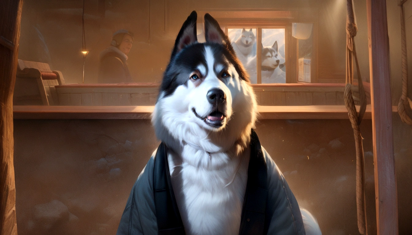 a heroic husky dog in a winter jacket, sled dog, smiling, athletic rescuer in the Arctic, detailed facial features, realistic, photorealistic, 8k, best quality, masterpiece, highly detailed, sharp focus, ultra-fine details, vivid colors, dynamic lighting, dramatic atmosphere, cinematic composition