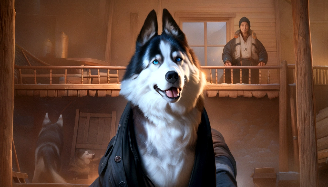 a heroic husky dog in a winter jacket, sled dog, smiling, athletic rescuer in the Arctic, detailed facial features, realistic, photorealistic, 8k, best quality, masterpiece, highly detailed, sharp focus, ultra-fine details, vivid colors, dynamic lighting, dramatic atmosphere, cinematic composition