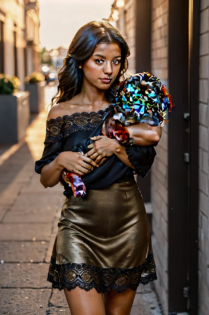 a realistic full-body photography, (woman: 26-year-old Mexican-Italian stunning brunette influencer, long and wavy dark brown hair, model measurements accentuated by small natural bust, warm and sun-kissed tan, expressive dark brown eyes, sunny and charismatic appearance:1.1), (dark brown golden retriever puppy in her arms:1.5), (clothes: sexy form-fitting black dress with lace:1.4), natural lights and shadows, with volumetric face lighting for hyper-realistic detail, hyper-realistic, 16K resolution, shot with Canon EOS R6