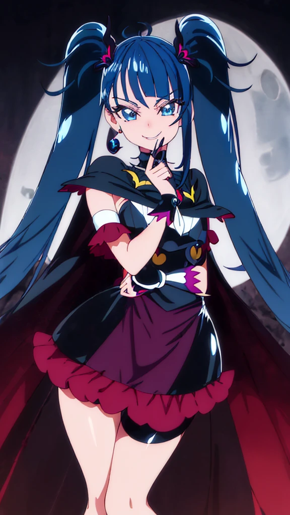 Highest quality, Super detailed,One girl, alone, {cure_null_hirogarunullprecure:1.15}, Dark blue hair, blue eyes, Blue flames in the eyes, Long Hair, Twin tails, Magical girl, bangs, Open your mouth, Redhead, multicoloRedhead, One girl, blunt bangs, Darken your clothes, hair ornaments, Wicked Smile, devilish aura (Shiny fabric:1.5), Full Body Shot, Purple Gemstone, Fascinating, blush, (Beautiful attention to detail:1.6), Highly detailed face, Perfect lighting, Highly detailed CG, (Perfect hands, Perfect Anatomy), devil, Red and black color scheme, Shiny material, Grin, Black Ribbon, Black satin gloves, Evil clover leaf ornament, Black ruffles, jewelry, corruption, Latex gloss, Black Gothic Cloak, Wicked Smile, Dark world background, Red Moon, cloudy null, CG Style, One-sided black wing,deep shaded face,sadistic smile,Malice,contempt,laugh at,