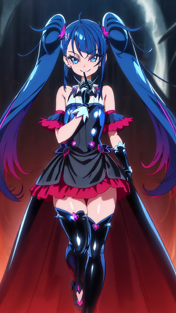 Highest quality, Super detailed,One girl, alone, {cure_null_hirogarunullprecure:1.15}, Dark blue hair, blue eyes, Blue flames in the eyes, Long Hair, Twin tails, Magical girl, bangs, Open your mouth, Redhead, multicoloRedhead, One girl, blunt bangs, Darken your clothes, hair ornaments, Wicked Smile, devilish aura (Shiny fabric:1.5), Full Body Shot, Purple Gemstone, Fascinating, blush, (Beautiful attention to detail:1.6), Highly detailed face, Perfect lighting, Highly detailed CG, (Perfect hands, Perfect ???????), devil, Red and black color scheme, Shiny material, Grin, Black Ribbon, Black satin gloves, Evil clover leaf ornament, Black ruffles, jewelry, corruption, Latex gloss, Black Gothic Cloak, Wicked Smile, Dark world background, Red Moon, cloudy null, CG Style, One-sided black wing,deep shaded face,sadistic smile,Malice,contempt,laugh at,