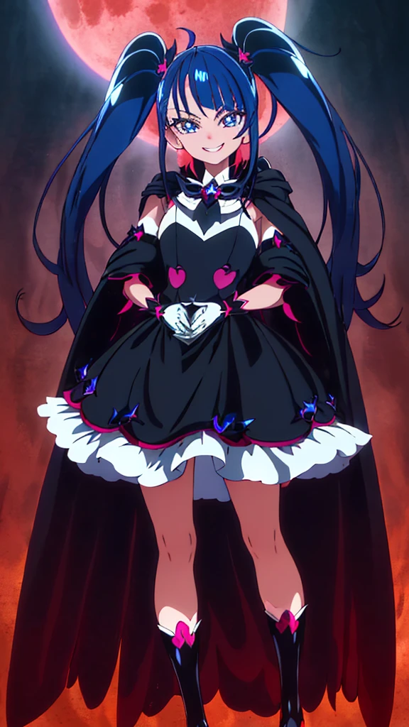 Highest quality, Super detailed,One girl, alone, {cure_null_hirogarunullprecure:1.15}, Dark blue hair, blue eyes, Blue flames in the eyes, Long Hair, Twin tails, Magical girl, bangs, Open your mouth, Redhead, multicoloRedhead, One girl, blunt bangs, Darken your clothes, hair ornaments, Wicked Smile, devilish aura (Shiny fabric:1.5), Full Body Shot, Purple Gemstone, Fascinating, blush, (Beautiful attention to detail:1.6), Highly detailed face, Perfect lighting, Highly detailed CG, (Perfect hands, Perfect Anatomy), devil, Red and black color scheme, Shiny material, Grin, Black Ribbon, Black satin gloves, Evil clover leaf ornament, Black ruffles, jewelry, corruption, Latex gloss, Black Gothic Cloak, Wicked Smile, Dark world background, Red Moon, cloudy null, CG Style, One-sided black wing,deep shaded face,sadistic smile,Malice,contempt,laugh at,