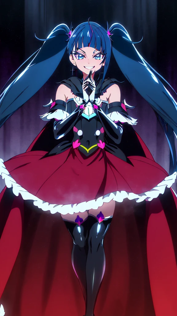 Highest quality, Super detailed,One girl, alone, {cure_null_hirogarunullprecure:1.15}, Dark blue hair, blue eyes, Blue flames in the eyes, Long Hair, Twin tails, Magical girl, bangs, Open your mouth, Redhead, multicoloRedhead, One girl, blunt bangs, Darken your clothes, hair ornaments, Wicked Smile, devilish aura (Shiny fabric:1.5), Full Body Shot, Purple Gemstone, Fascinating, blush, (Beautiful attention to detail:1.6), Highly detailed face, Perfect lighting, Highly detailed CG, (Perfect hands, Perfect Anatomy), devil, Red and black color scheme, Shiny material, Grin, Black Ribbon, Black satin gloves, Evil clover leaf ornament, Black ruffles, jewelry, corruption, Latex gloss, Black Gothic Cloak, Wicked Smile, Dark world background, Red Moon, cloudy null, CG Style, One-sided black wing,deep shaded face,sadistic smile,Malice,contempt,laugh at,
