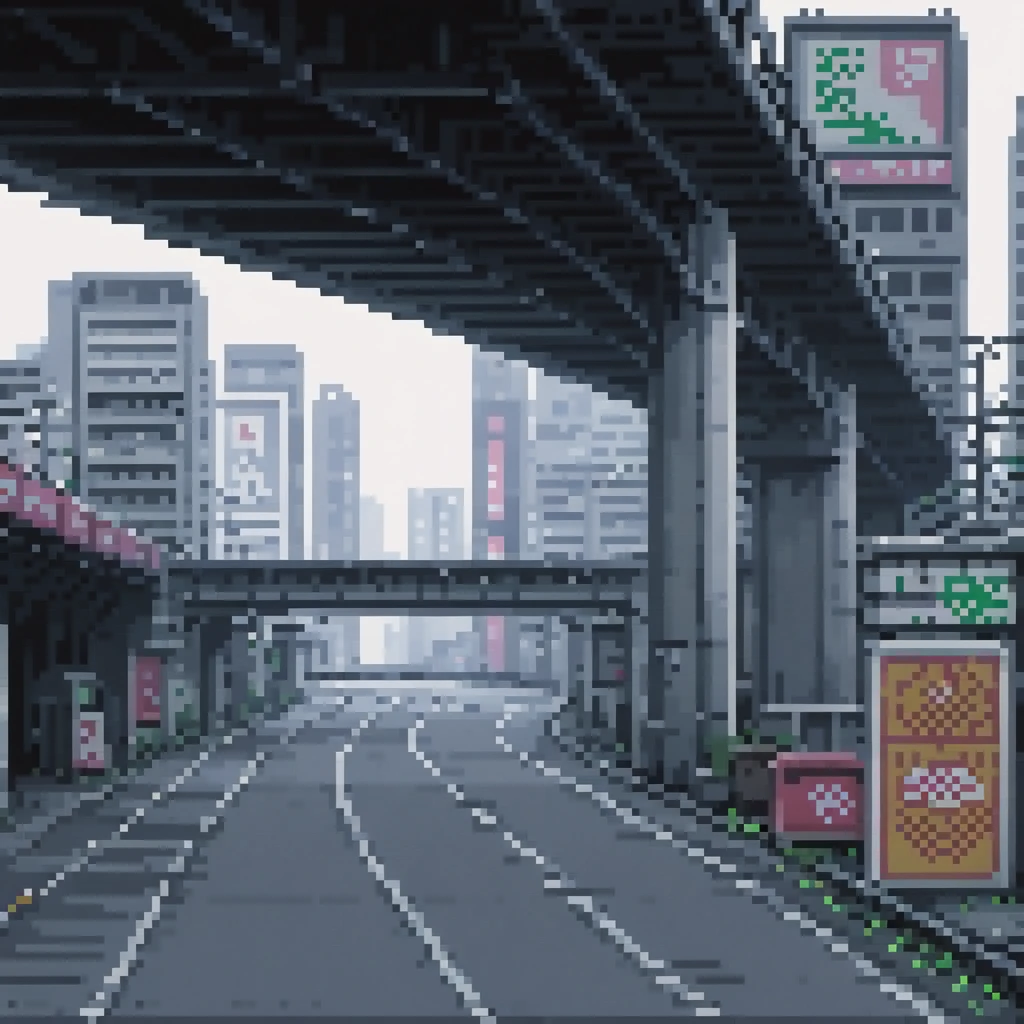 pixel art, 128 bits, sheet of an empty viaduct in shinjuku with buildings behind