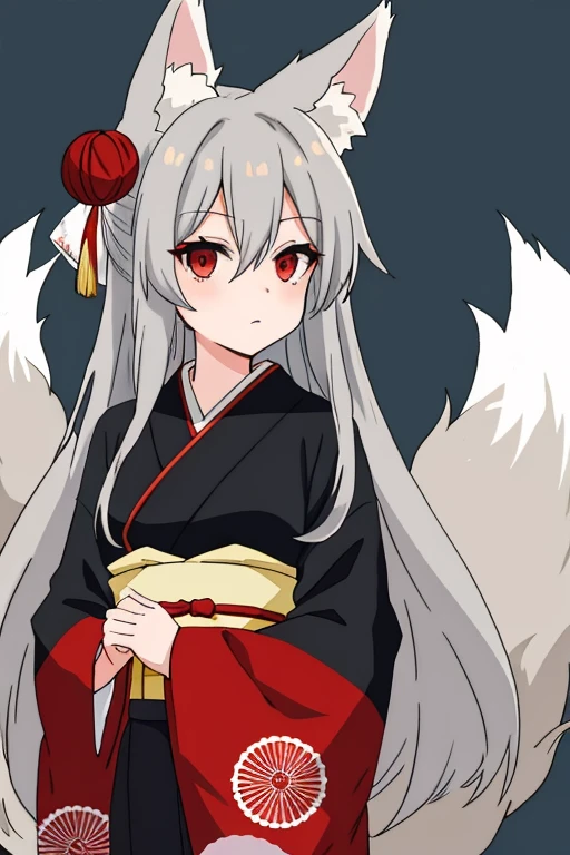anime girl with long grey hair and (1 red eye and 1 grey eye), dressed in a kimono with a fox tail and fox ears