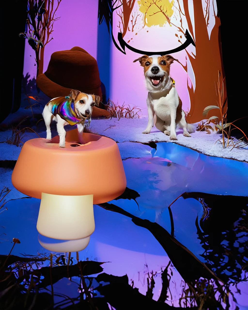 a white and tan jack russell terrier named George ate all of his owner's psychedelic psilocybin mushrooms and now he finds himself tripping BALLS on a wacky wild adventure with his new best friend who happens to be a brown and white GOAT named Kevin, digital illustration, holographic, firey, fire, photorealistic, whimsical, colourful lighting, wide angle lens, slow shutter speed