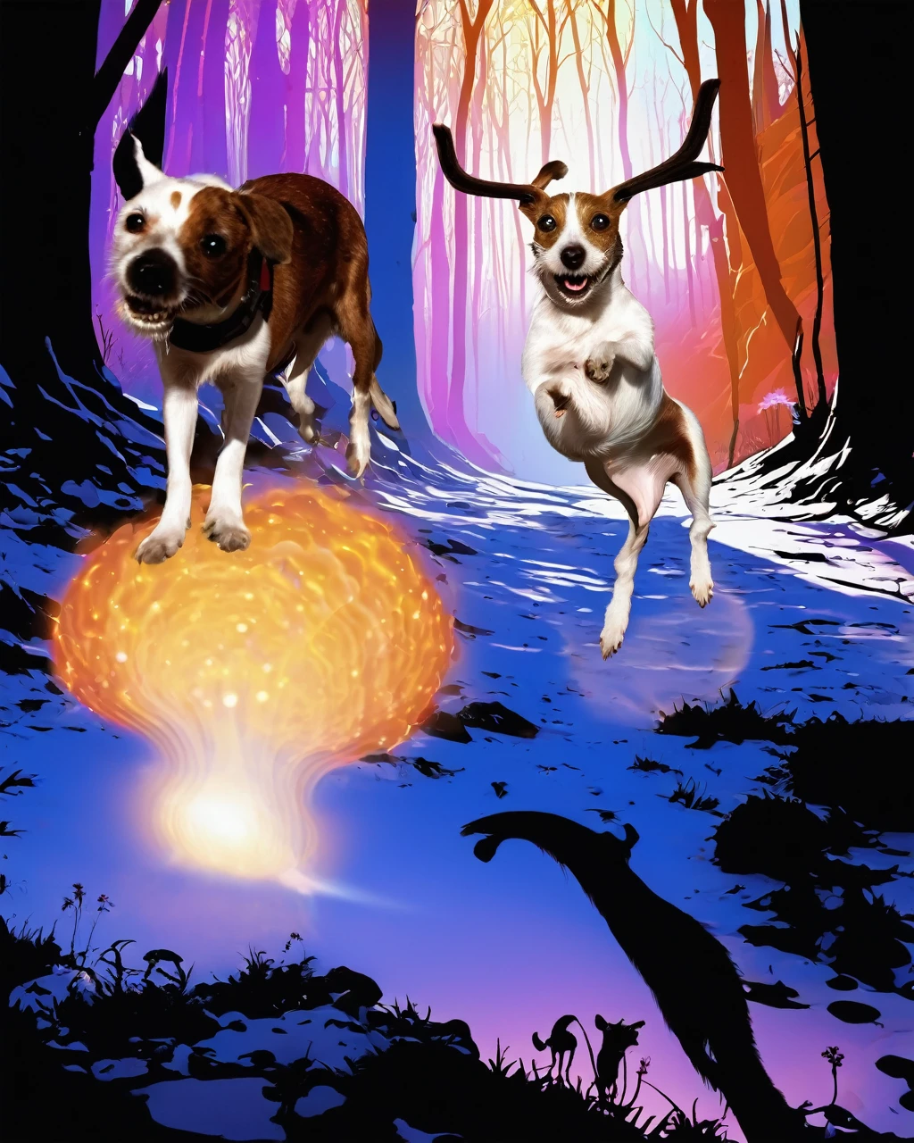 a white and tan jack russell terrier named George ate all of his owner's psychedelic psilocybin mushrooms and now he finds himself tripping BALLS on a wacky wild adventure with his new best friend who happens to be a brown and white GOAT named Kevin, digital illustration, holographic, firey, fire, photorealistic, whimsical, colourful lighting, wide angle lens, slow shutter speed