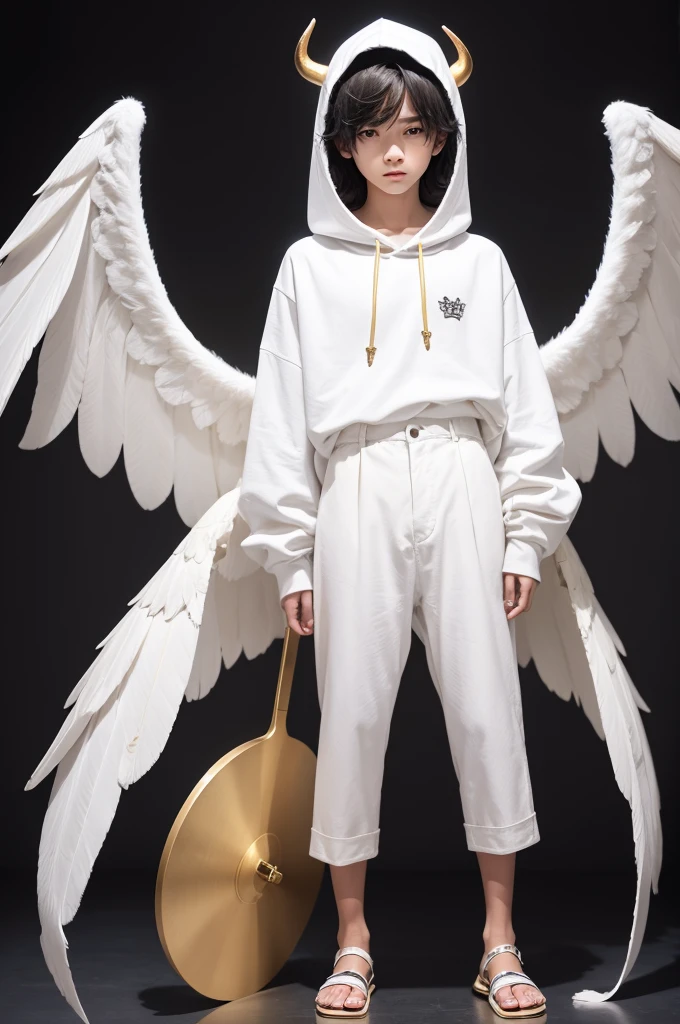 A boy apparently , with a defined body, with very large wings, as if they were angels, white with golden tips, blackquality hair, very dark, with yellow eyes, very clear, with pointed, backward-pointing horns of medium size, neither too big nor too small, white Light garments with a hood, whole white, with wide white pants, sandals like the ones Jesus supposedly wore.
