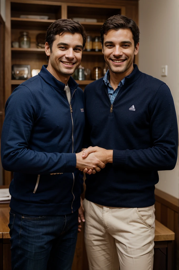 happy men shaking hands and smiling