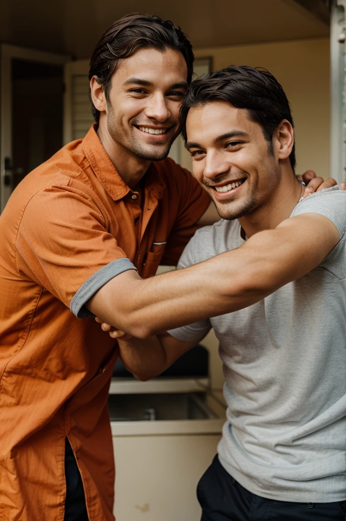 happy men shaking hands and smiling