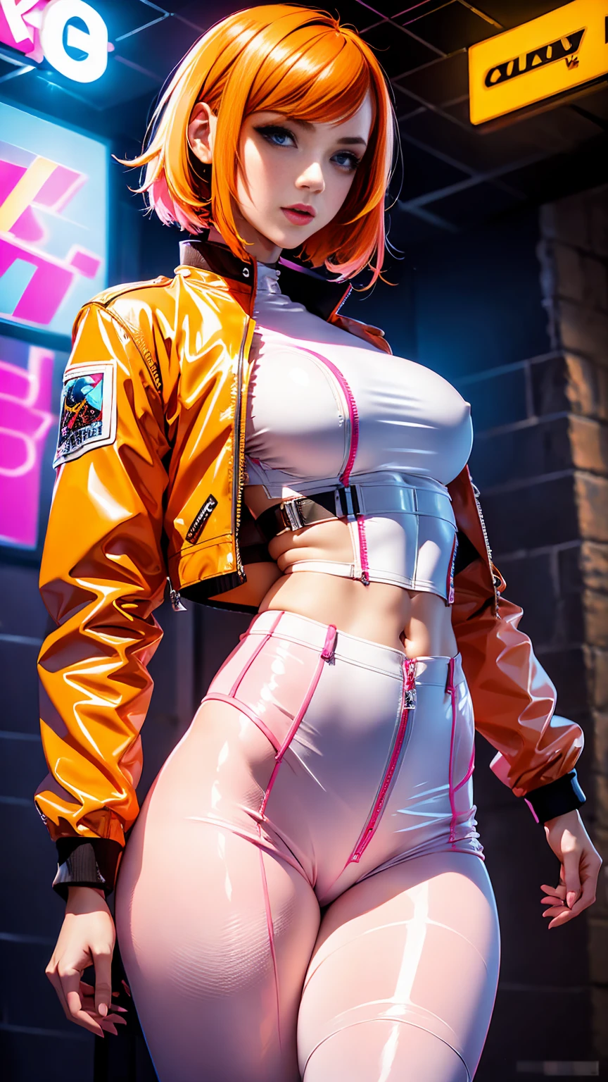 Beautiful girl, short orange hair, with pink glued latex clothes, a white leather jacket, puffed breast, large, pointed, prank and hard, thin waist, torn belly, thick legs, large ass, very detailed face , vivid colors, dramatic colors, pastel shades