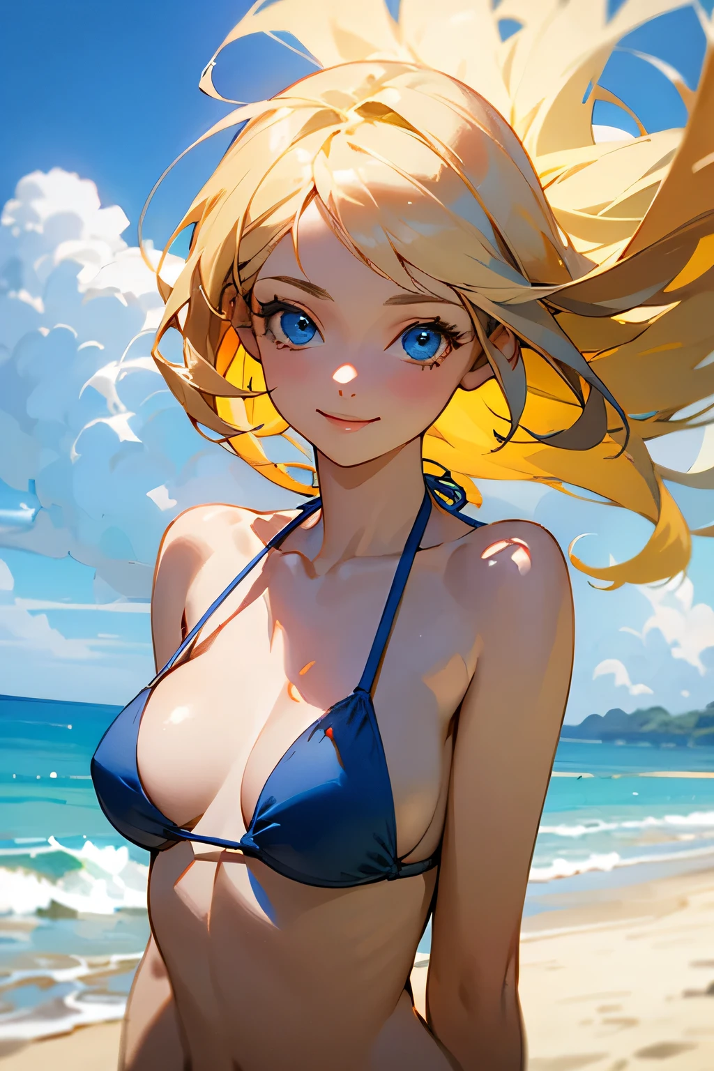 ((best quality)), ((masterpiece)), (detailed), 1girl, blonde hair, blue eyes, ethereal beauty, at beach, blue bikini, smile. 