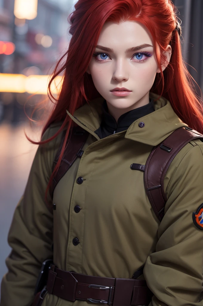 Create an 18 year old Russian army character with red hair and purple eyes
