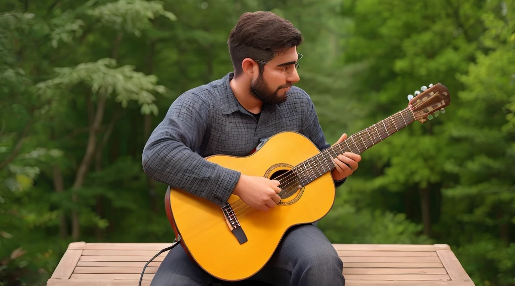 A man sitting playing the guitar and a forest behind.