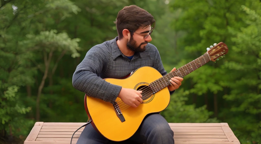 A man sitting playing the guitar and a forest behind.