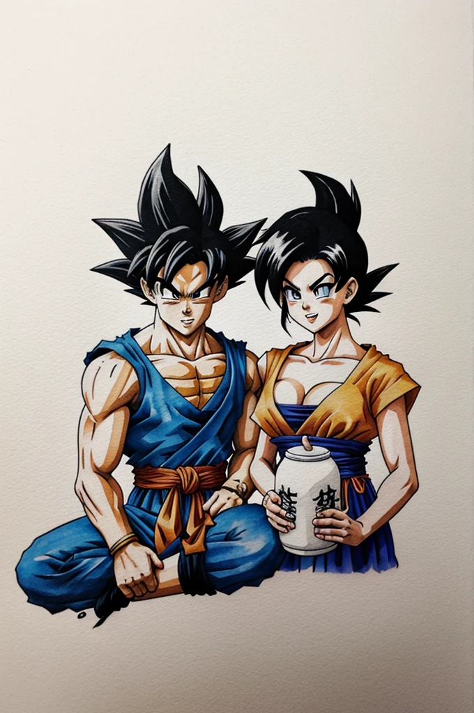 A Goku and milk couple tattoo design from dragon ball z in watercolor style