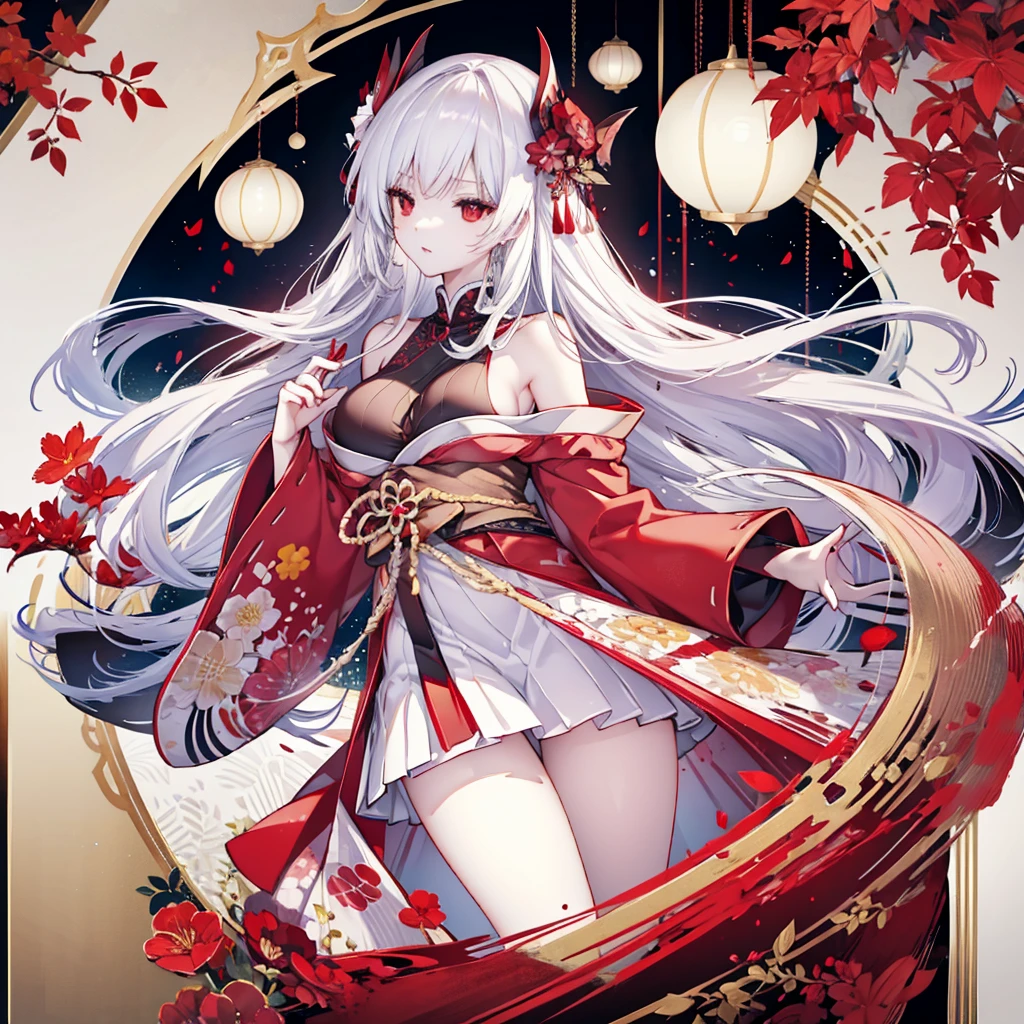 Women(alone), very long white hair,Red eyes,red and red kimono that reveals her shoulders, big breasts, tight