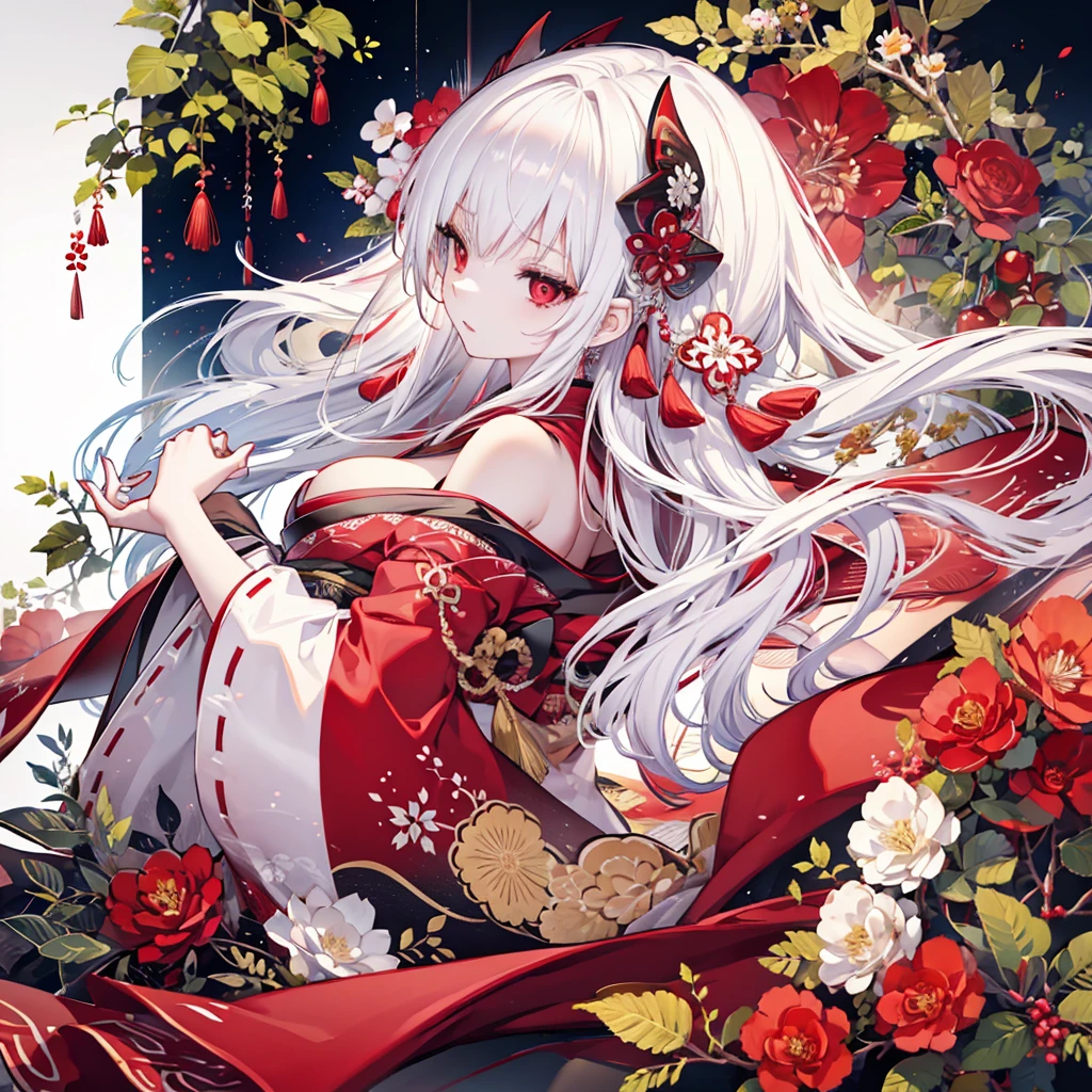 ((highest quality)),(Ultra-high resolution),(Super detailed new),(Detailed Description),((The best CG)),(A masterpiece),Ultra-detailed art,A wonderful new art form,(Fantasy art with intricate detail:1.5), (Female wizard:1.4), burn with silver fire, peachy light red blooming trees, a girl, with a long silver hair with small red streaks in her hair with the bangs straight, straight cutted blunt bangs, and straight cutted side bangs , pretty red and purple different left and right eyes(heterochromia different color for left and right iris) coloured red left eye, different from right purple coloured eye, eyes with long lashes, wearing a flowy mostly white thigh length dress that shows her shoulders with dusty red flowers, small tiny pinky gold jewels on her dress, with as flowy silver cape on the side of her dress, with a small fascinator with a pink silver and red flower, wearing cone heel shoes that are with a red flower on the left heel, wearing a white see through thigh high on the right leg, blood red thigh belt with red jewels, see through white gloves