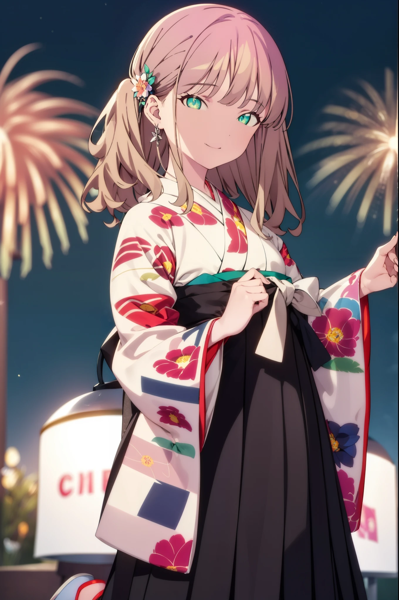 Yume Minami,sss dynazenon ,Brown Hair,Green Eyes,hair tied back,Flower hair ornament,Black Japanese Clothing,Thick sleeves,Sandals,whole bodyがイラストに入るように,smile,Fireworks in the night sky,Fireworks,The place is a fireworks display、Time is night,break outdoors, Festival,break looking at viewer, whole body,(Cowboy Shot:1. 5) , break (masterpiece:1.2), Highest quality, High resolution, unity 8k wallpaper, (shape:0.8), (Beautiful and beautiful eyes:1.6), Highly detailed face, Perfect lighting, Extremely detailed CG, (Perfect hands, Perfect Anatomy),