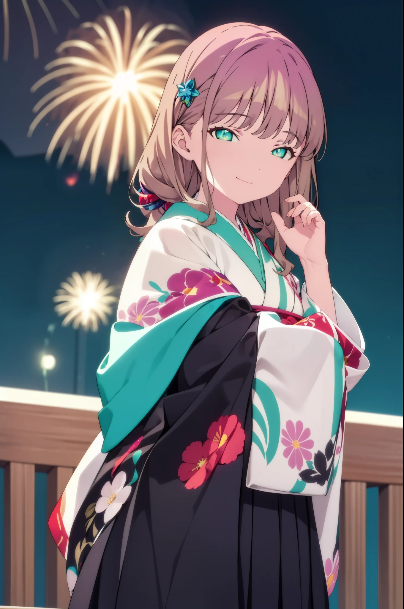Yume Minami,sss dynazenon ,Brown Hair,Green Eyes,hair tied back,Flower hair ornament,Black Japanese Clothing,Thick sleeves,Sandals,whole bodyがイラストに入るように,smile,Fireworks in the night sky,Fireworks,The place is a fireworks display、Time is night,break outdoors, Festival,break looking at viewer, whole body,(Cowboy Shot:1. 5) , break (masterpiece:1.2), Highest quality, High resolution, unity 8k wallpaper, (shape:0.8), (Beautiful and beautiful eyes:1.6), Highly detailed face, Perfect lighting, Extremely detailed CG, (Perfect hands, Perfect Anatomy),