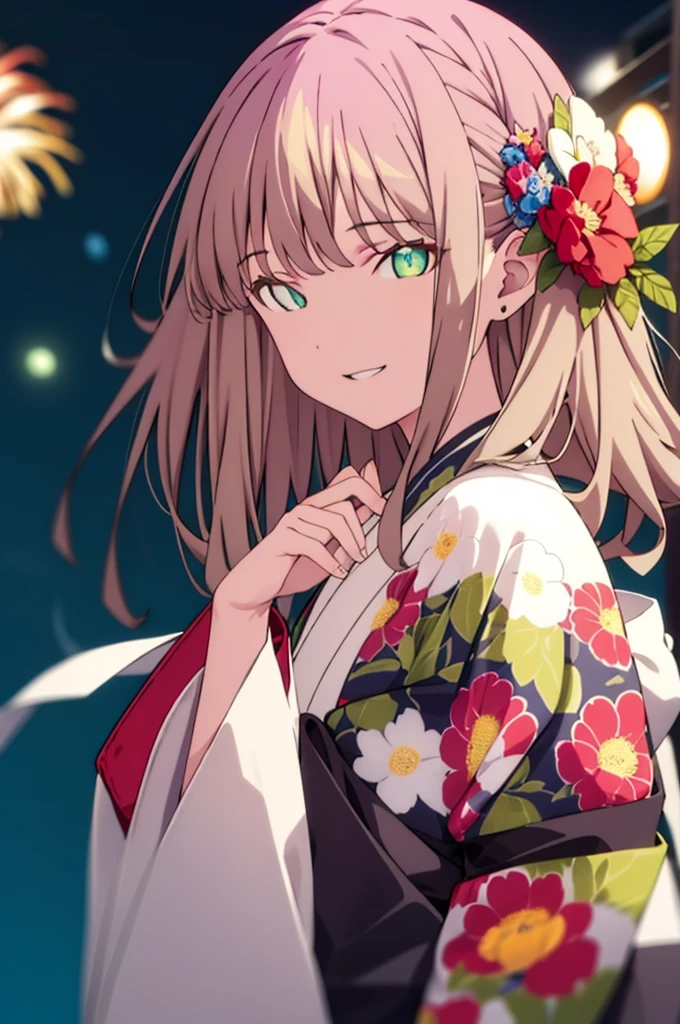 Yume Minami,sss dynazenon ,Brown Hair,Green Eyes,hair tied back,Flower hair ornament,Black Japanese Clothing,Thick sleeves,Sandals,whole bodyがイラストに入るように,smile,Fireworks in the night sky,Fireworks,The place is a fireworks display、Time is night,break outdoors, Festival,break looking at viewer, whole body,(Cowboy Shot:1. 5) , break (masterpiece:1.2), Highest quality, High resolution, unity 8k wallpaper, (shape:0.8), (Beautiful and beautiful eyes:1.6), Highly detailed face, Perfect lighting, Extremely detailed CG, (Perfect hands, Perfect Anatomy),