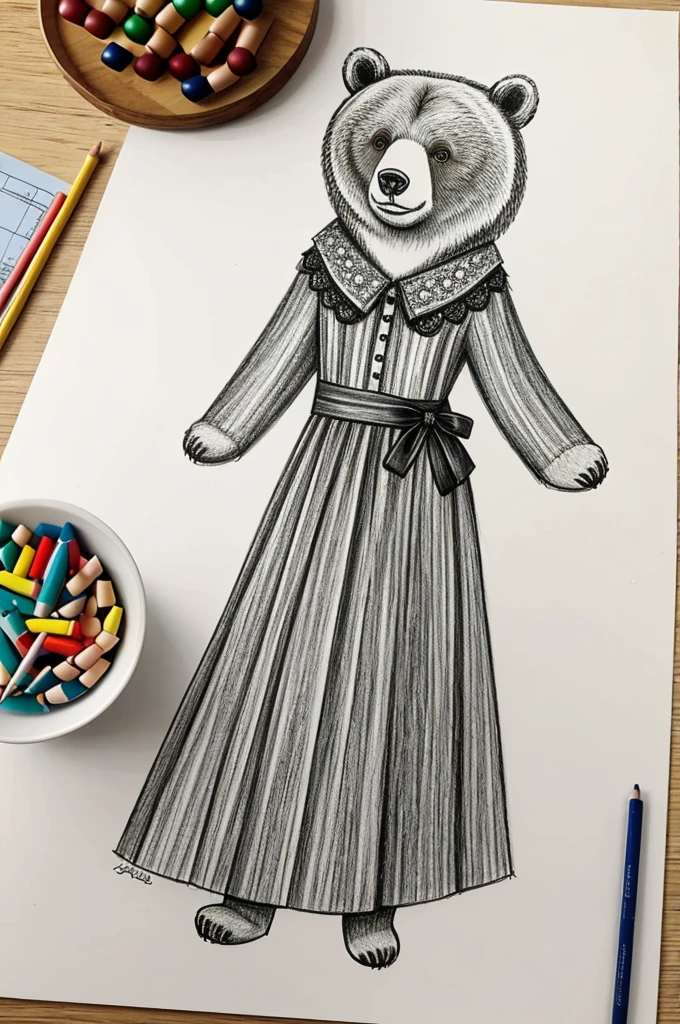 A drawing of a bear in a dress 