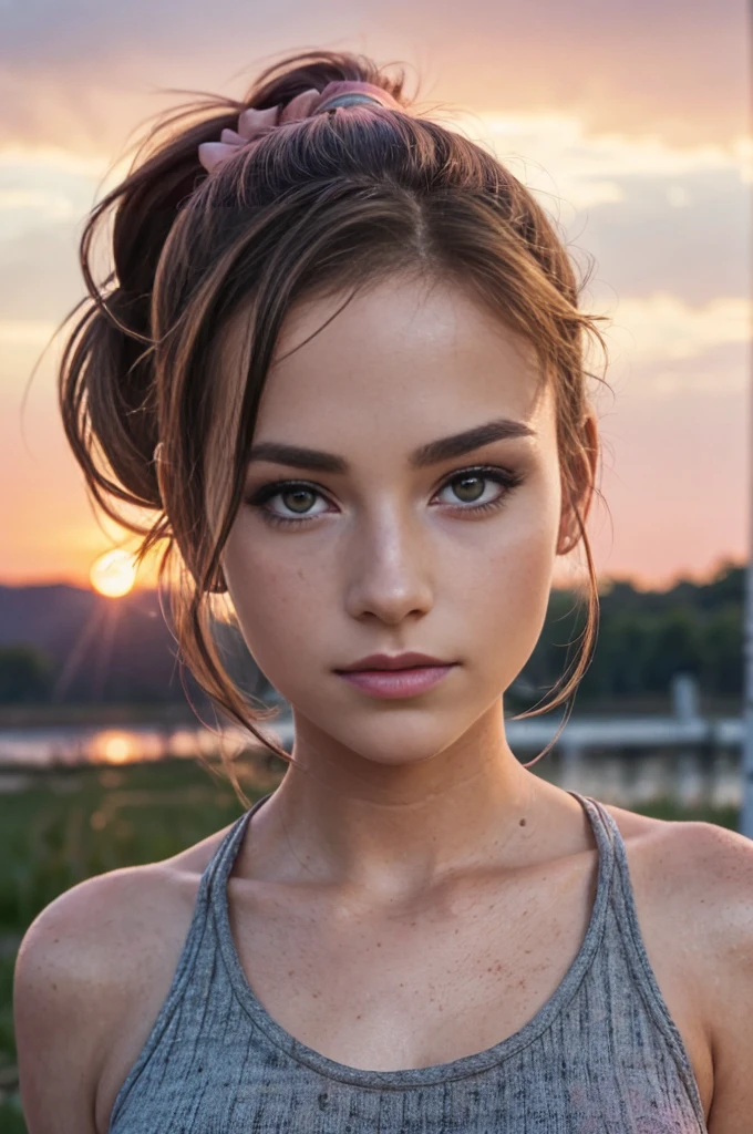 on the wooden pier, (tank top:1.2), (pink halter top:1.4), 1girl, fully dressed, Looking at Viewer, (extreme close up, ECU, full face shot:1.3), (face detailed:1.4), (candid photograph:1.2), Colouring, happy, Relaxed, soft smiling, (shoulder length hair:1.3), (foundation, Concealer, mascara, rosy cheeks, smokey eye makeup, lipstick:1.3), nail polish, (Beautiful, gorgeous, Flawless complexion:1.2), hair clips, hair bands, ribbons, Lip gloss, bright lips, freckles, antique rose, rustic brown, warm beige, dusty blue, faded olive, Standing, (Sunset, Twilight:1.25), fcDetailPortrait, professional photograpy, HDR (high dynamic range), Subsurface scattering, Realistic, heavy shadow, master part, ultra realistic, high resolution, proportion Aurea, rule of thirds, intrikate, High detail, cinematic movie photograph, dslr, (hair up in ponytail:1.3), (blue colored eyes:0.8), hair brunette