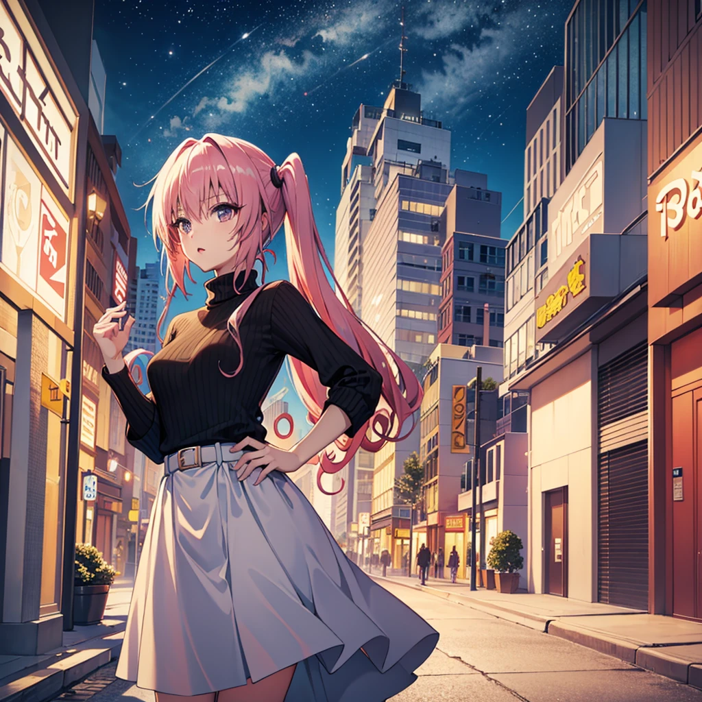 masterpiece, best quality, highres, aanana, long hair, twintails, sweater dress, turtleneck, street, night, standing, cowboy shot