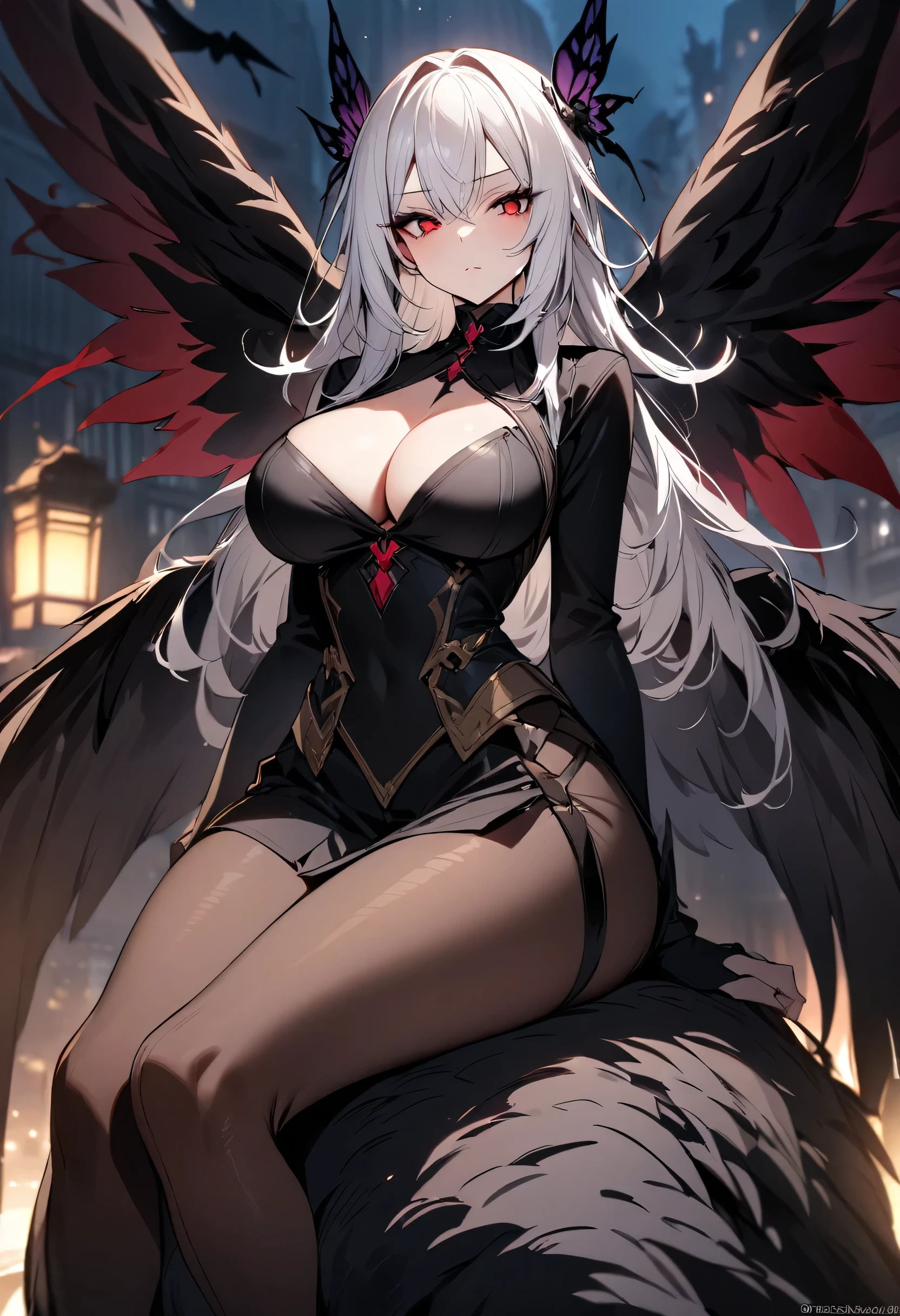 Masterpiece, best quality, 1girl, dark fairy, busty, small waist, large hips, large cleavage, white hair, red eyes, sitting on a big crow, saddle, large dark wings, arrogant look, dark clothes, night