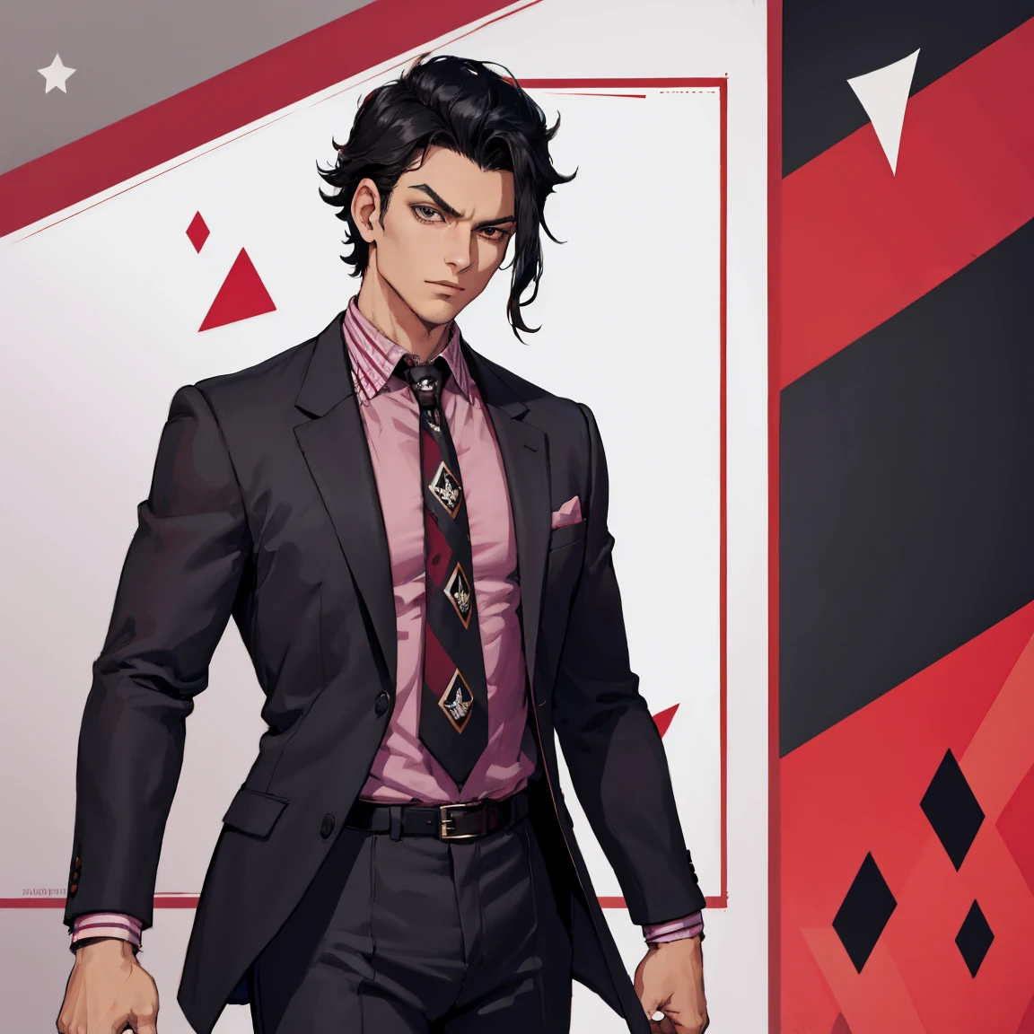 (highres)A man with black hair and a wine-colored suit, wearing a shirt underneath the suit with a black and red triangle checkered pattern.