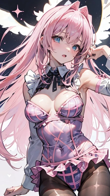 open mouth,pleasure,blush,embarrassed,(((low angle))),(best quality, 8k, masterpiece:1.2, nsfw,ultra-detailed,realistic,photorealistic,anime,Soft lighting,Bokeh), hatsune miku \(vocaloid\),sakura miku,1girl,Anime-like beautiful girl,silky smooth and very beautiful skin,very beautiful embarrassed face,Ordinary chest, 5headed body,Skinny type,Not muscular,5This refers to,Manicure is cherry colored, break, Perfectly beautiful figure,Height 162cm,Bust 87cm,Waist 56cm,Hip 85cm, blue eyes, girl, very long hair, purple eyes, long hair, solo, (bangs, pink hair, shining hair, light pink hair, ),official alternate costume, (((bunny leotard))), hair ornament, collarbone, (((casual leotard)), (((black and light pink tartan plaids frilled leotard:1.4))),(((ribbon_trimmed leotard,frilled leotard))).