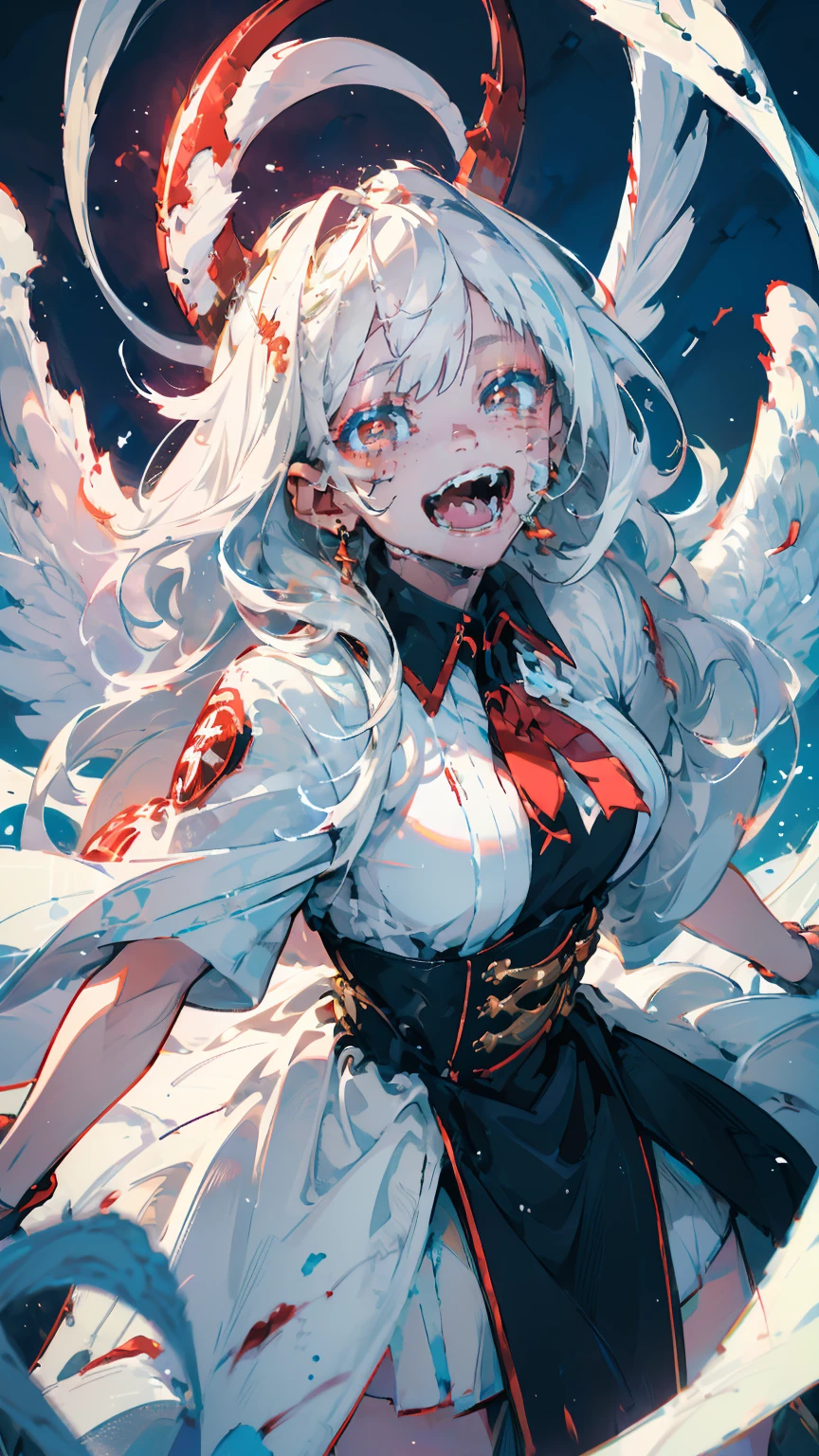 (woman\(A blood-red, dark angel halo is on his head., Angel Girl,Pure white hair,Red eyes, Pure white skin, White costume,The girl is laughing wildly with her mouth wide open,Eyes with dilated pupils,Scary,A large amount of dark red liquid drips from the mouth and eyes.,Crazy smile,Monster,Monster mouth,\) pure white world、Looking up at me,Attacking pose,Wings made of blood (I&#39;m in the beautiful outdoors, Monster tentacles,Horror, mysterious,Blood Monster (Dark red liquid floating in the air,Spooky background),quality\(8K,非常に精細なCGユニットのwallpaper, masterpiece,High resolution,top-quality,top-quality real texture skin,Surreal,Increase the resolution,RAW Photos,最高quality,Very detailed,wallpaper,Cinema Lighting,Ray-tracing,Golden Ratio\),Long Shot,Overall, it looks ephemeral.,The depiction range is from the waist up,qualityの高い顔の描写,High-resolution facial depiction,ephemeral,Low saturation,Little Girl,1 person, evil spirit