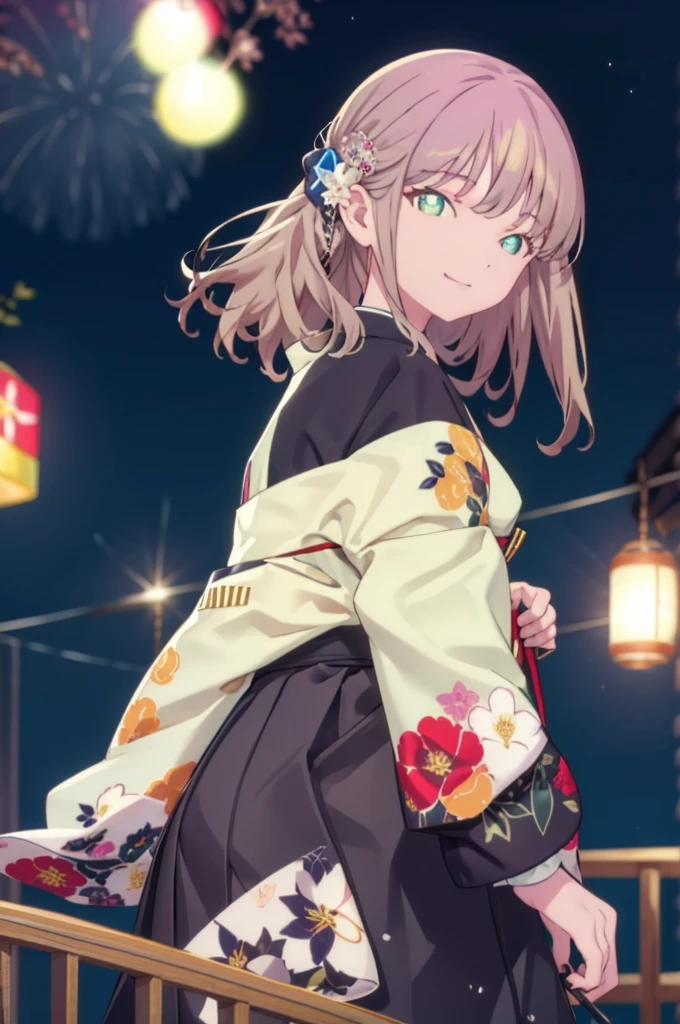 Yume Minami,sss dynazenon ,Brown Hair,Green Eyes,hair tied back,Flower hair ornament,Black Japanese Clothing,Thick sleeves,Long skirt,Sandals,whole bodyがイラストに入るように,smile,Fireworks in the night sky,Fireworks,The place is a fireworks display、Time is night,日本のFestivalり，夏Festivalりの屋台、Red lantern,break outdoors, Festival,break looking at viewer, whole body,(Cowboy Shot:1. 5) , break (masterpiece:1.2), Highest quality, High resolution, unity 8k wallpaper, (shape:0.8), (Beautiful and beautiful eyes:1.6), Highly detailed face, Perfect lighting, Extremely detailed CG, (Perfect hands, Perfect Anatomy),